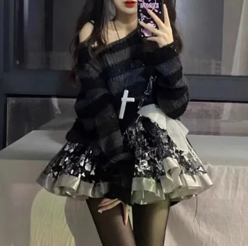 Long Striped Unisex Loose Sweater Cool Gothic Hollow Out Hole Distressed Top
