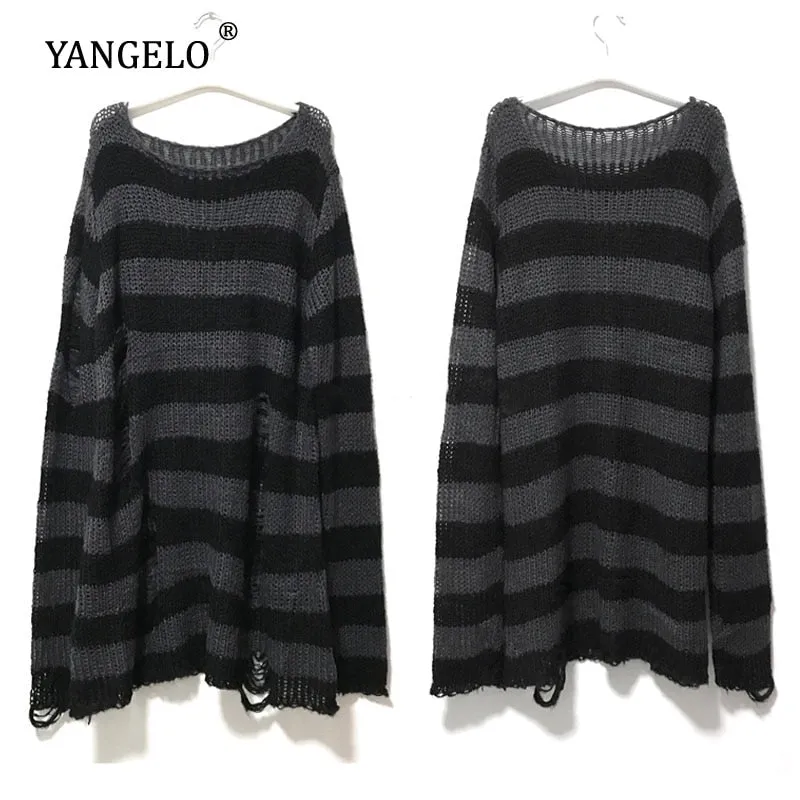 Long Striped Unisex Loose Sweater Cool Gothic Hollow Out Hole Distressed Top