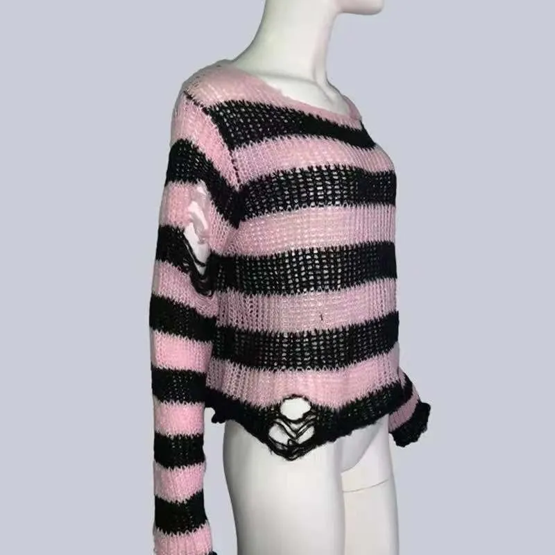 Long Striped Unisex Loose Sweater Cool Gothic Hollow Out Hole Distressed Top