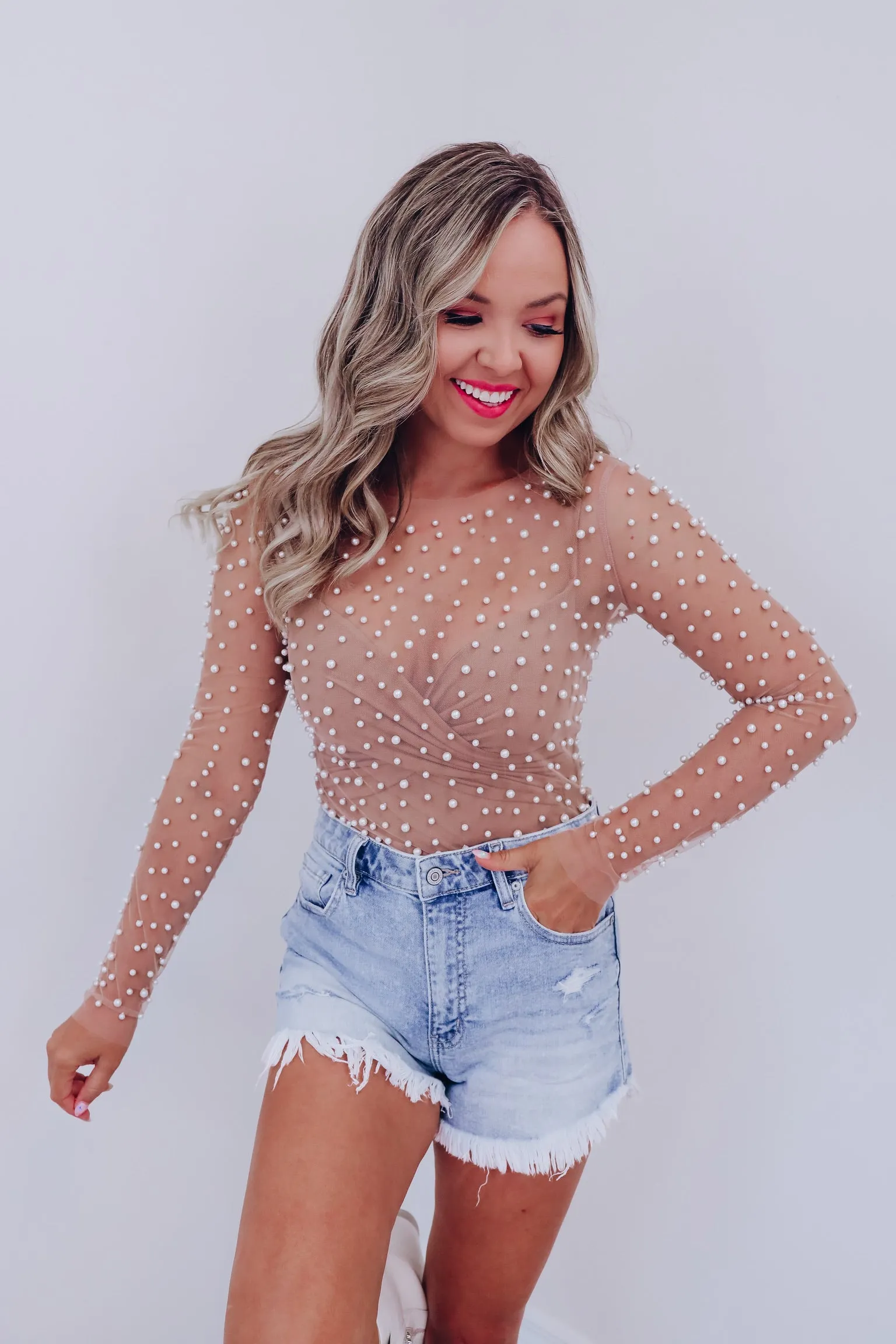Margo Embellished Mesh Crop Top - Nude