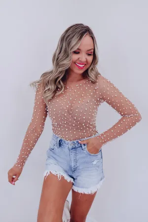 Margo Embellished Mesh Crop Top - Nude