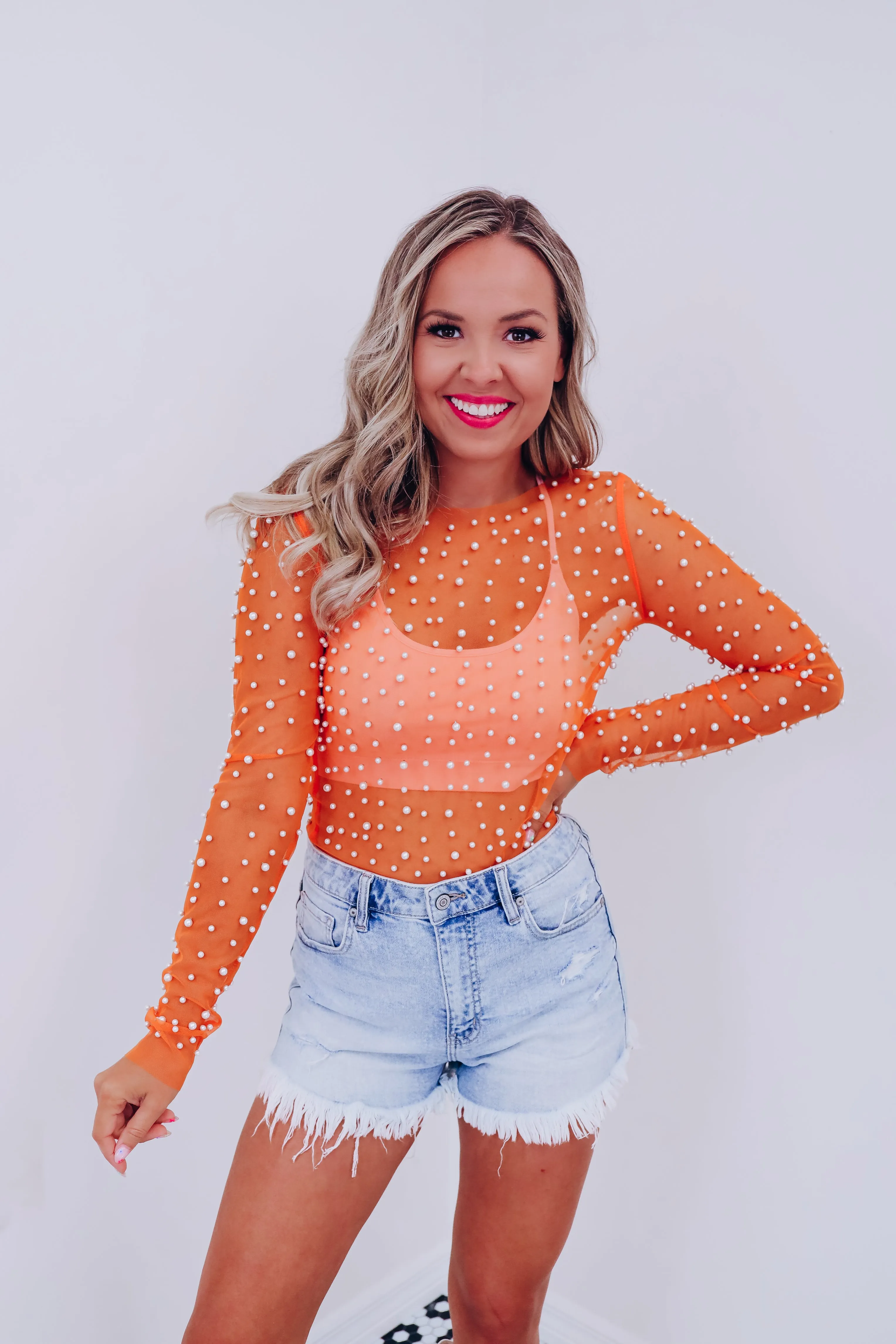 Margo Embellished Mesh Crop Top - Orange