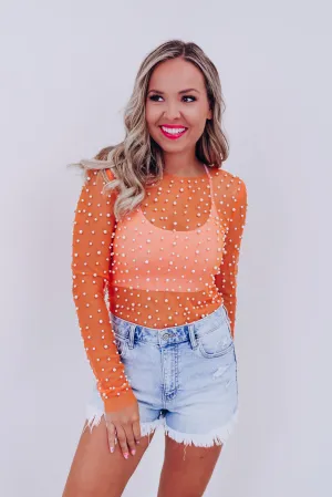 Margo Embellished Mesh Crop Top - Orange
