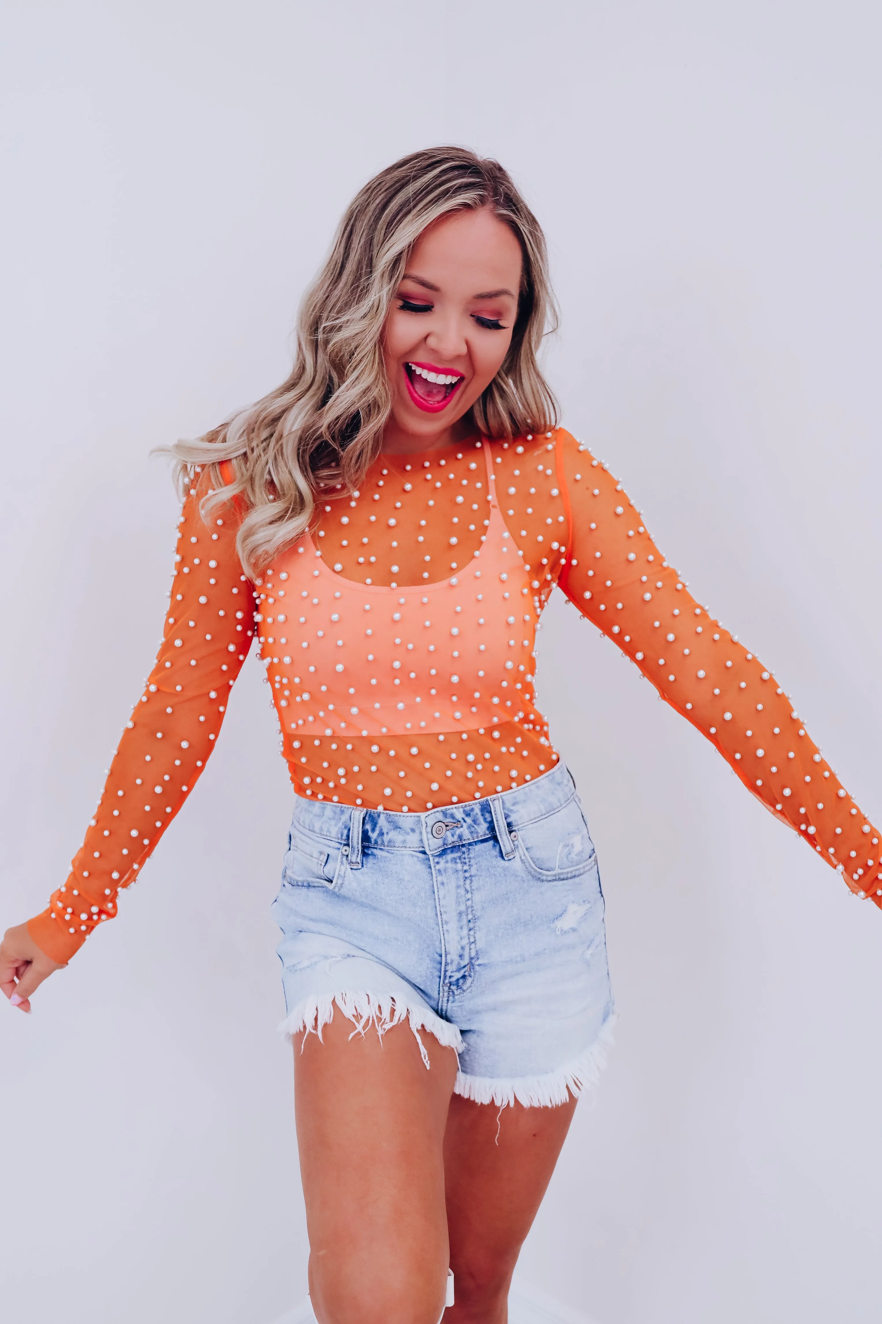 Margo Embellished Mesh Crop Top - Orange