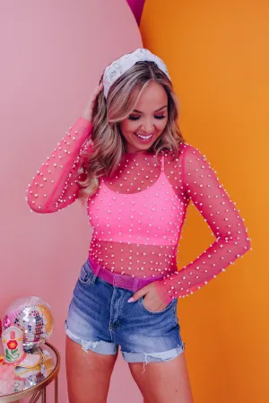 Margo Embellished Mesh Crop Top - Pink