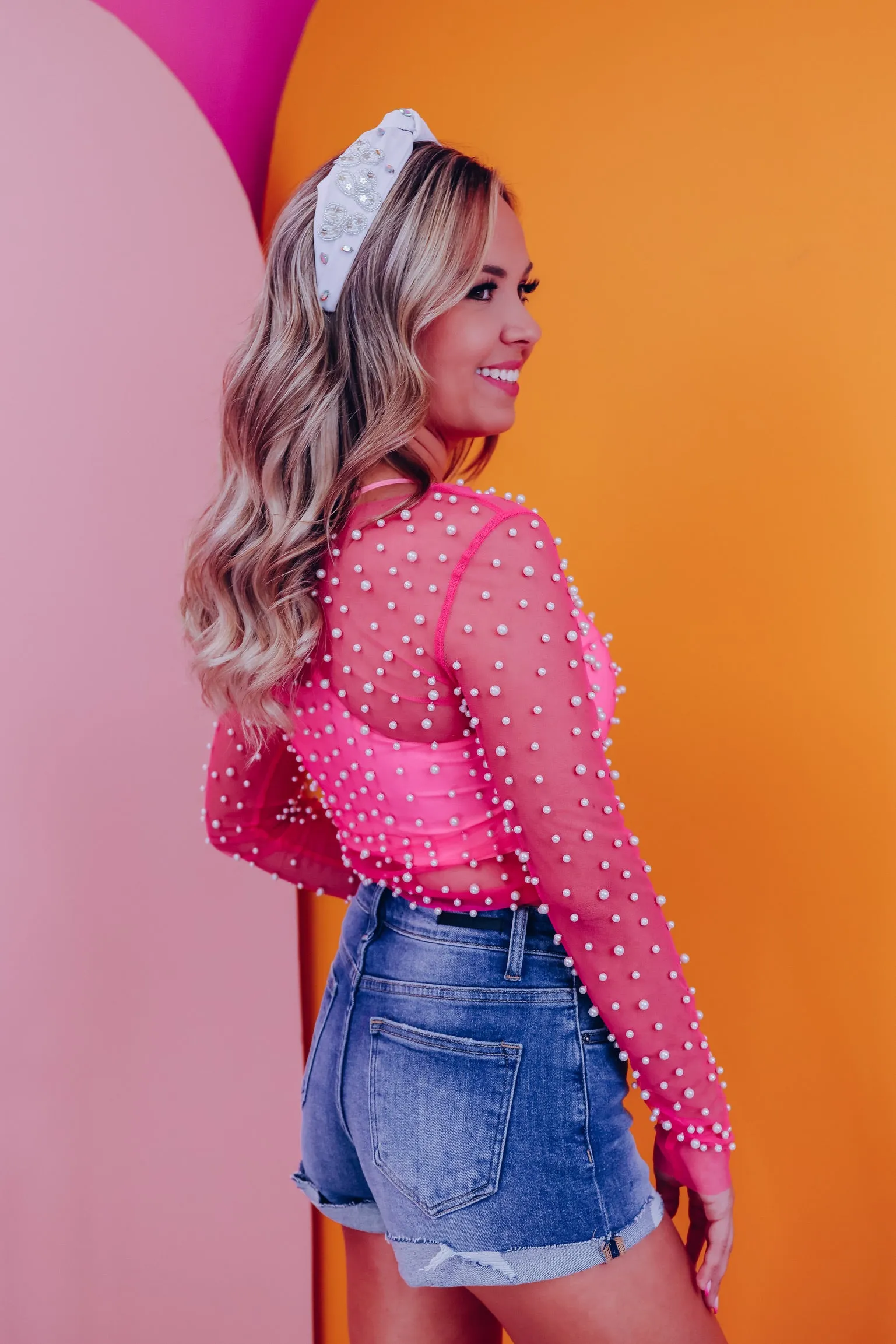 Margo Embellished Mesh Crop Top - Pink