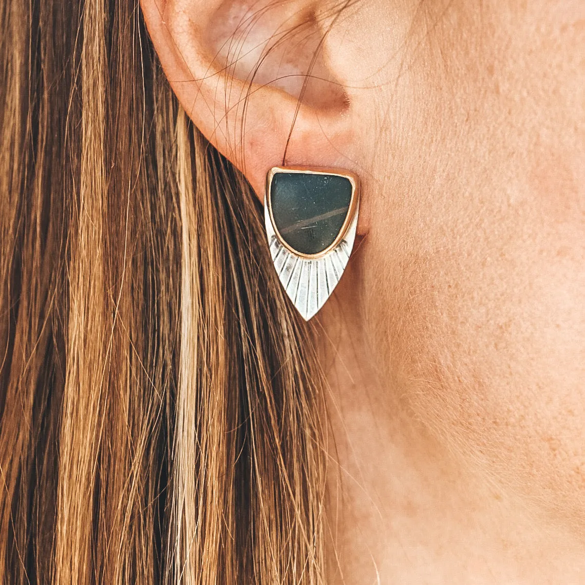 Matte Obsidian Fan Studs #2 - Mixed Metals