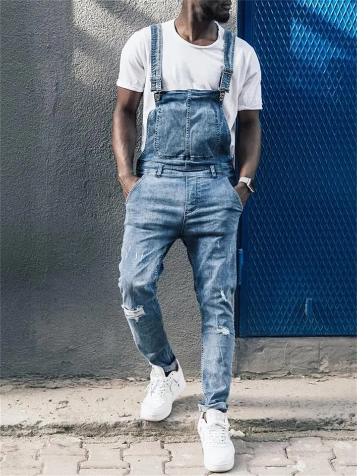 Men's Adjustable Retro Distressed Jeans Skinny Ripped Long Pants Denim Jumpsuits Overalls