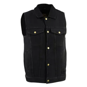 Milwaukee Leather DM1331 Men's Black Snap Front Denim Vest with Shirt Style Collar