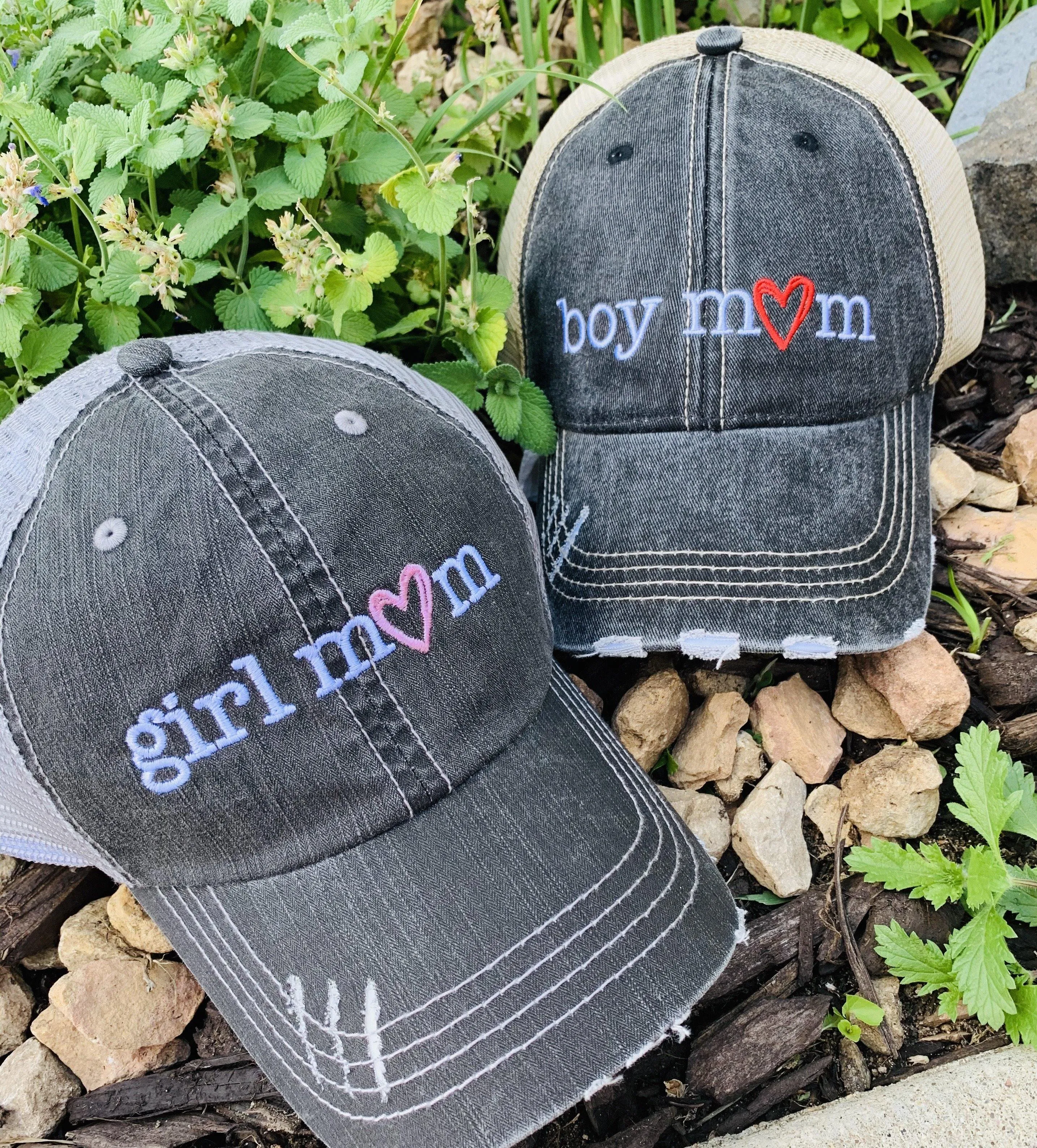 Mom hats Boy mom Girl mom Embroidered distressed womens trucker caps Personalizable