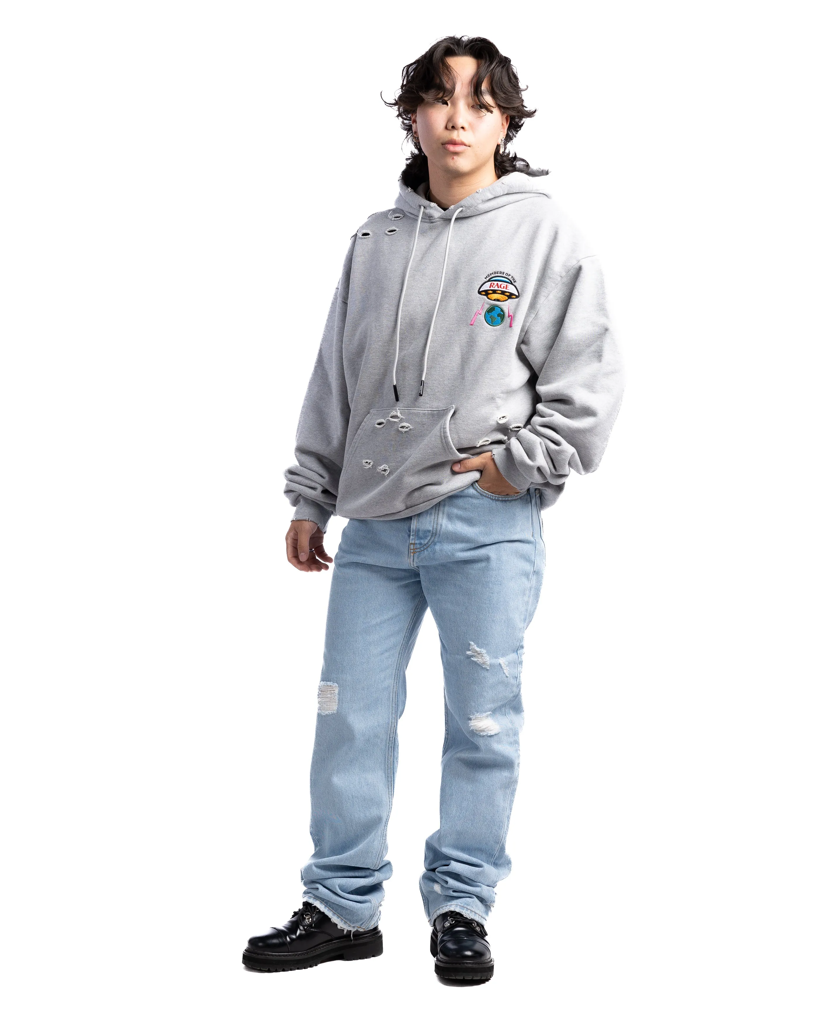 MOTR Small Logo Distressed Hoodie Heather Grey