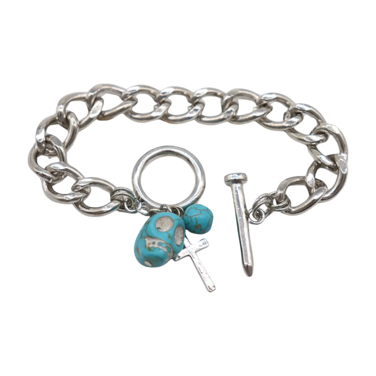 New Women Fashion Jewelry Silver Metal Chain Cross Bracelet Turquoise Skull Charm