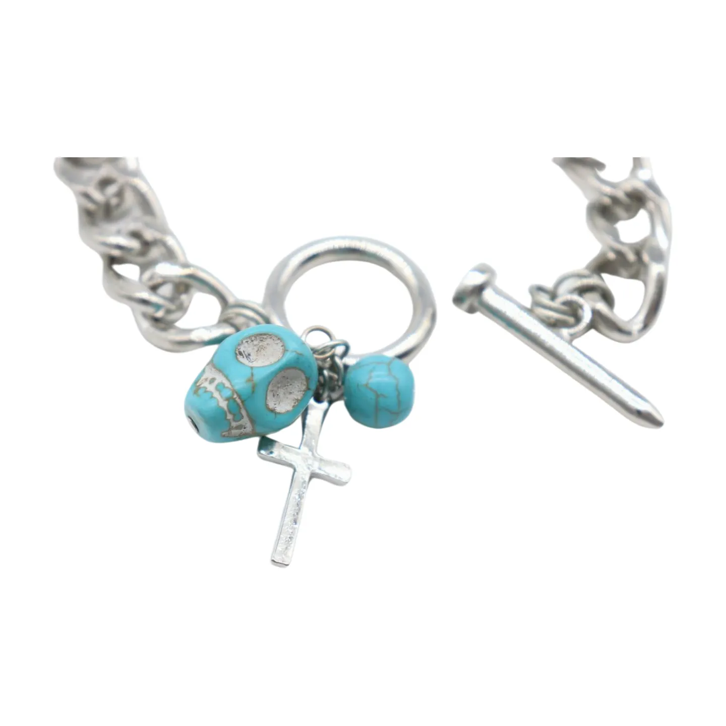 New Women Fashion Jewelry Silver Metal Chain Cross Bracelet Turquoise Skull Charm