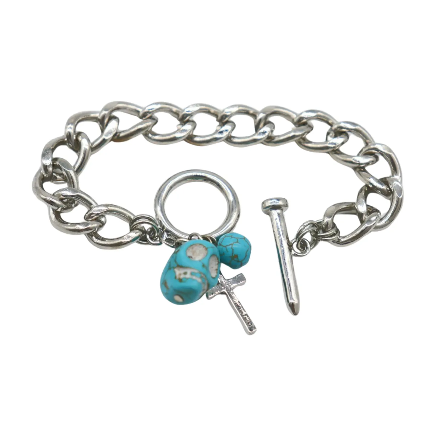 New Women Fashion Jewelry Silver Metal Chain Cross Bracelet Turquoise Skull Charm