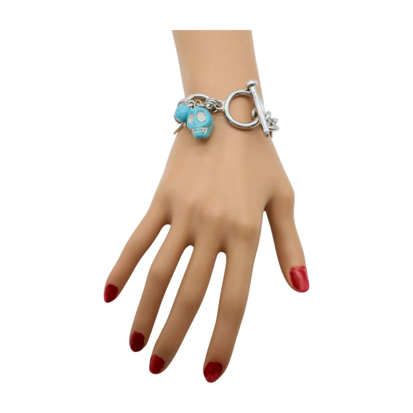 New Women Fashion Jewelry Silver Metal Chain Cross Bracelet Turquoise Skull Charm