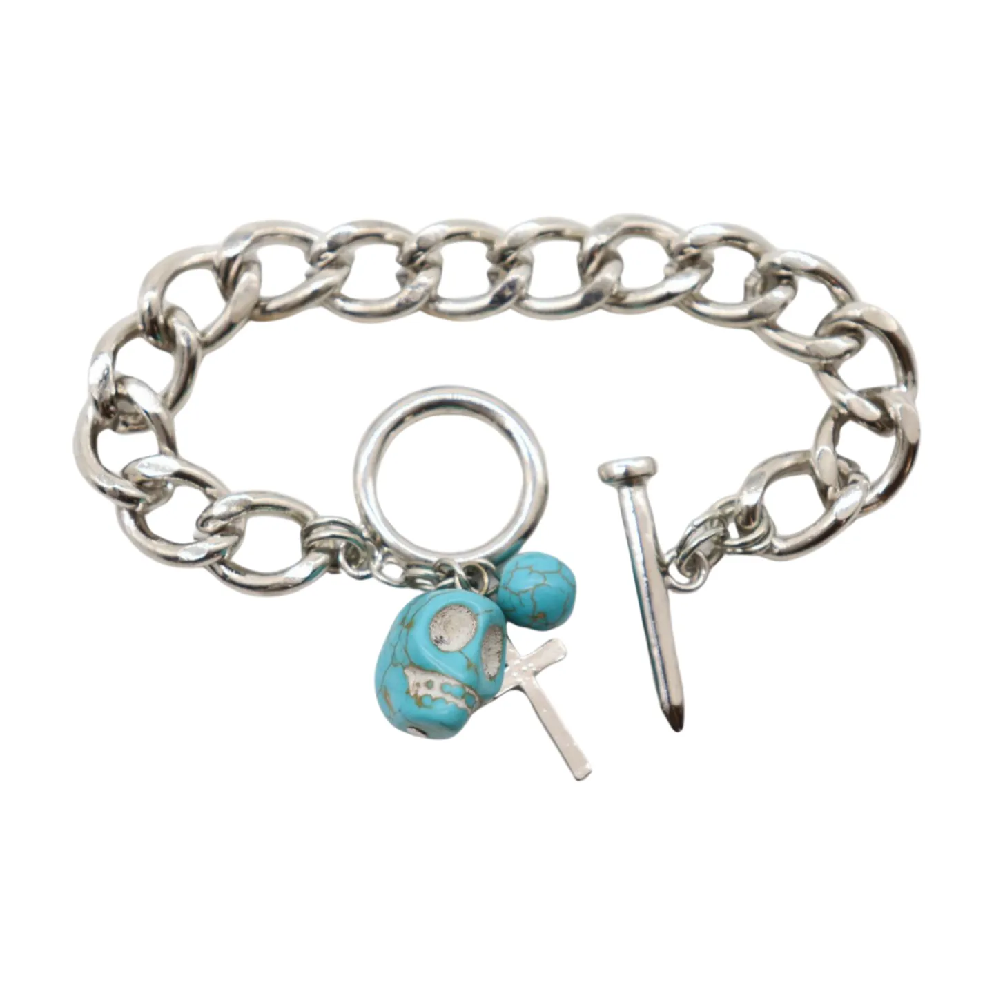 New Women Fashion Jewelry Silver Metal Chain Cross Bracelet Turquoise Skull Charm
