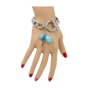 New Women Fashion Jewelry Silver Metal Chain Cross Bracelet Turquoise Skull Charm