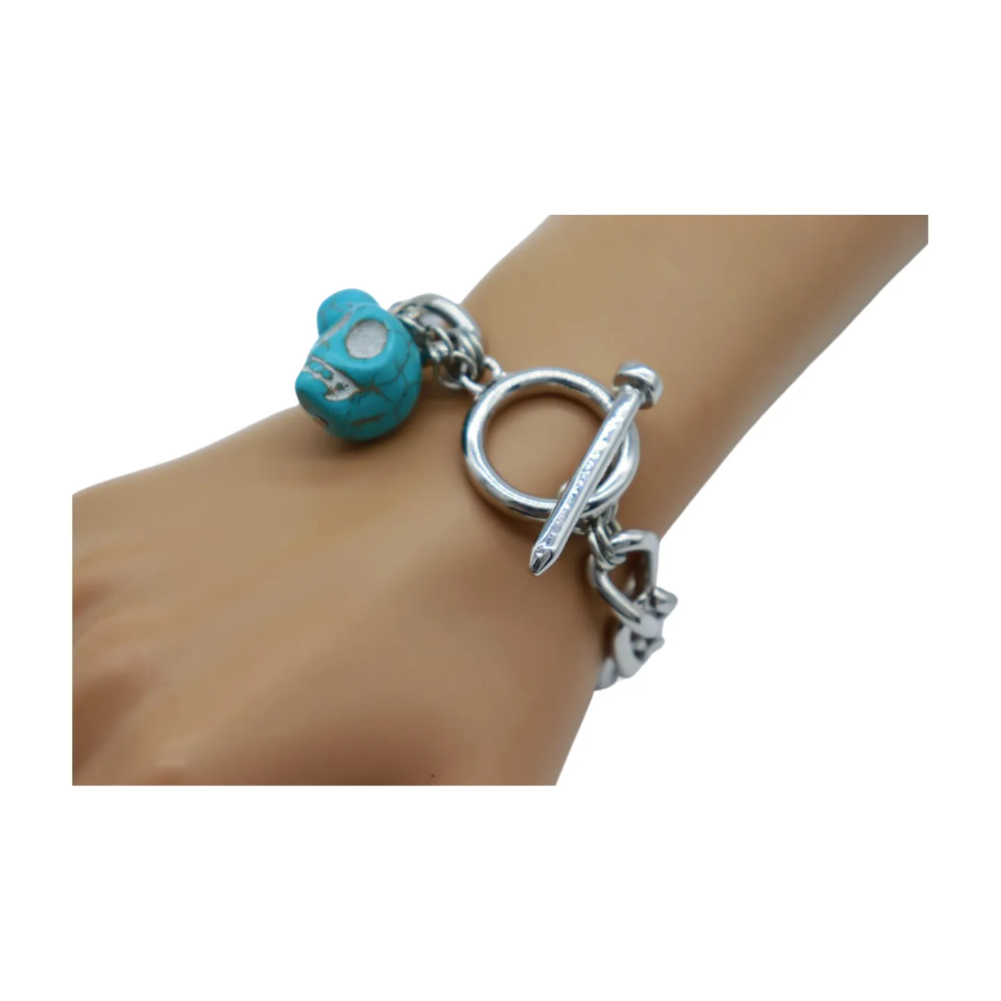 New Women Fashion Jewelry Silver Metal Chain Cross Bracelet Turquoise Skull Charm