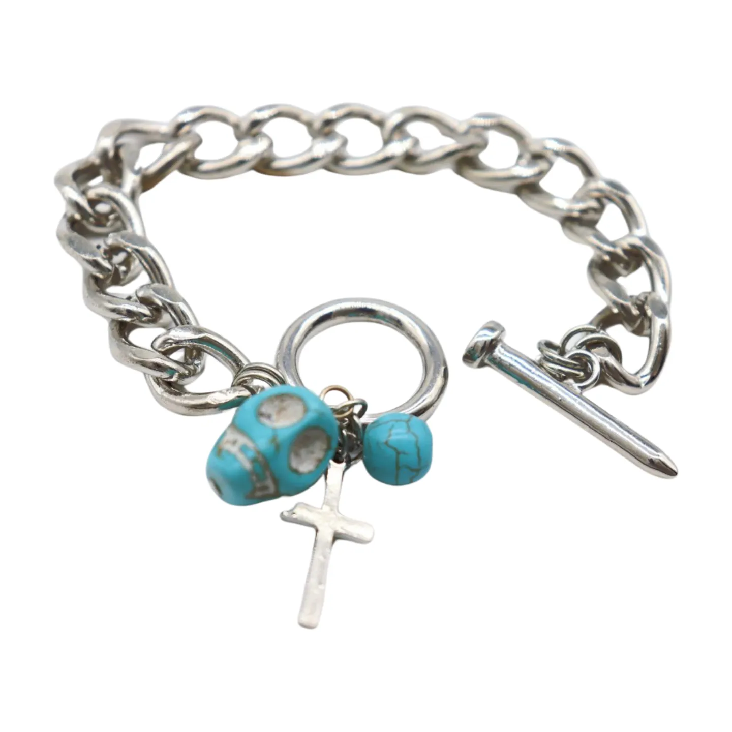 New Women Fashion Jewelry Silver Metal Chain Cross Bracelet Turquoise Skull Charm