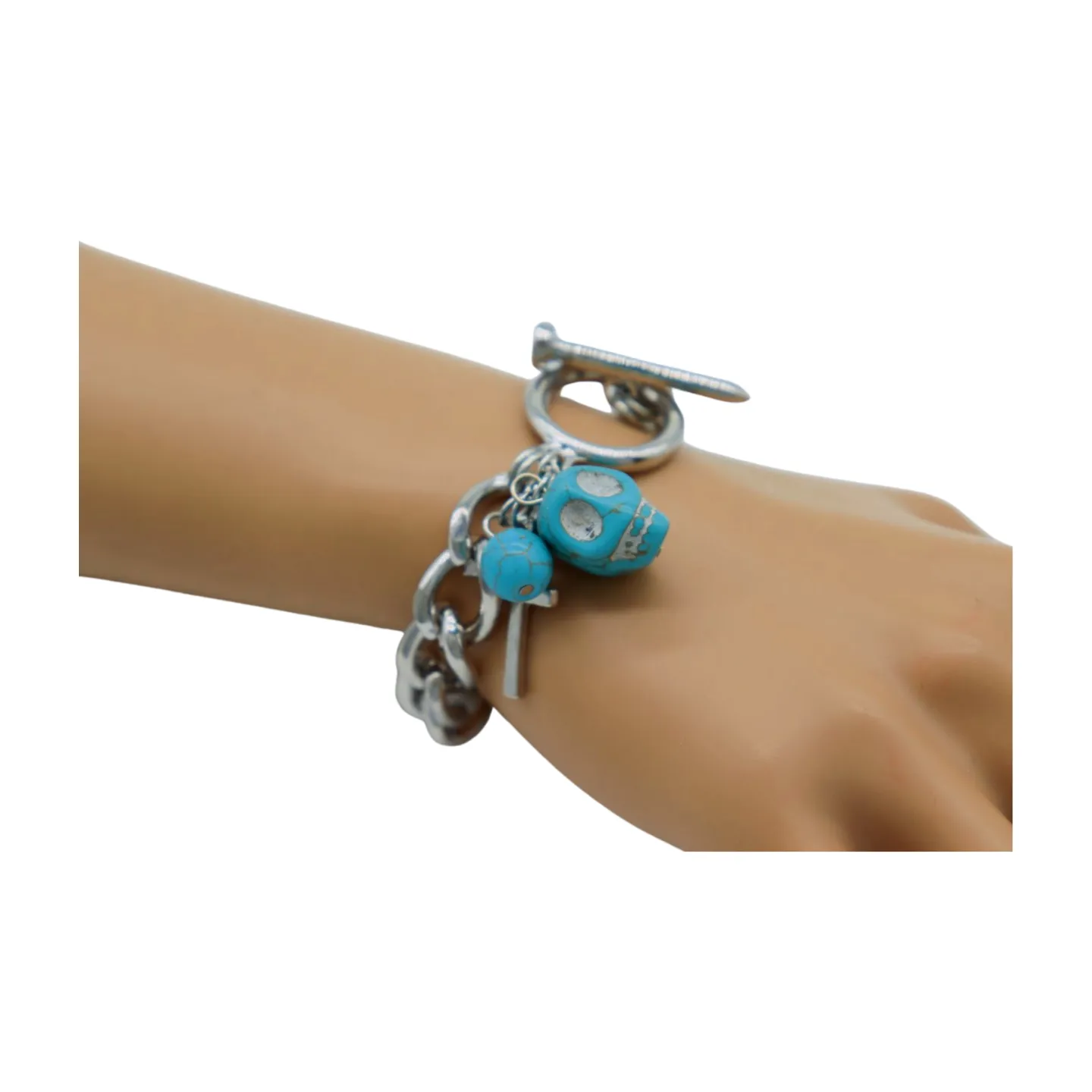 New Women Fashion Jewelry Silver Metal Chain Cross Bracelet Turquoise Skull Charm