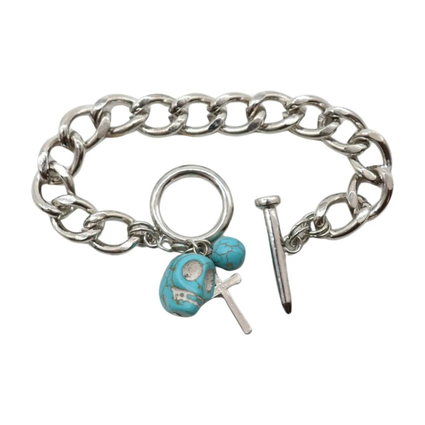 New Women Fashion Jewelry Silver Metal Chain Cross Bracelet Turquoise Skull Charm