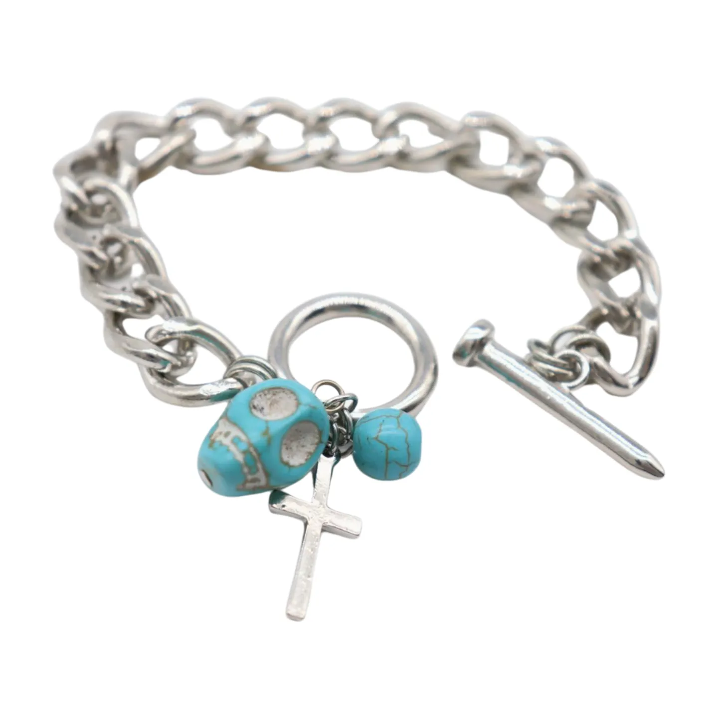 New Women Fashion Jewelry Silver Metal Chain Cross Bracelet Turquoise Skull Charm