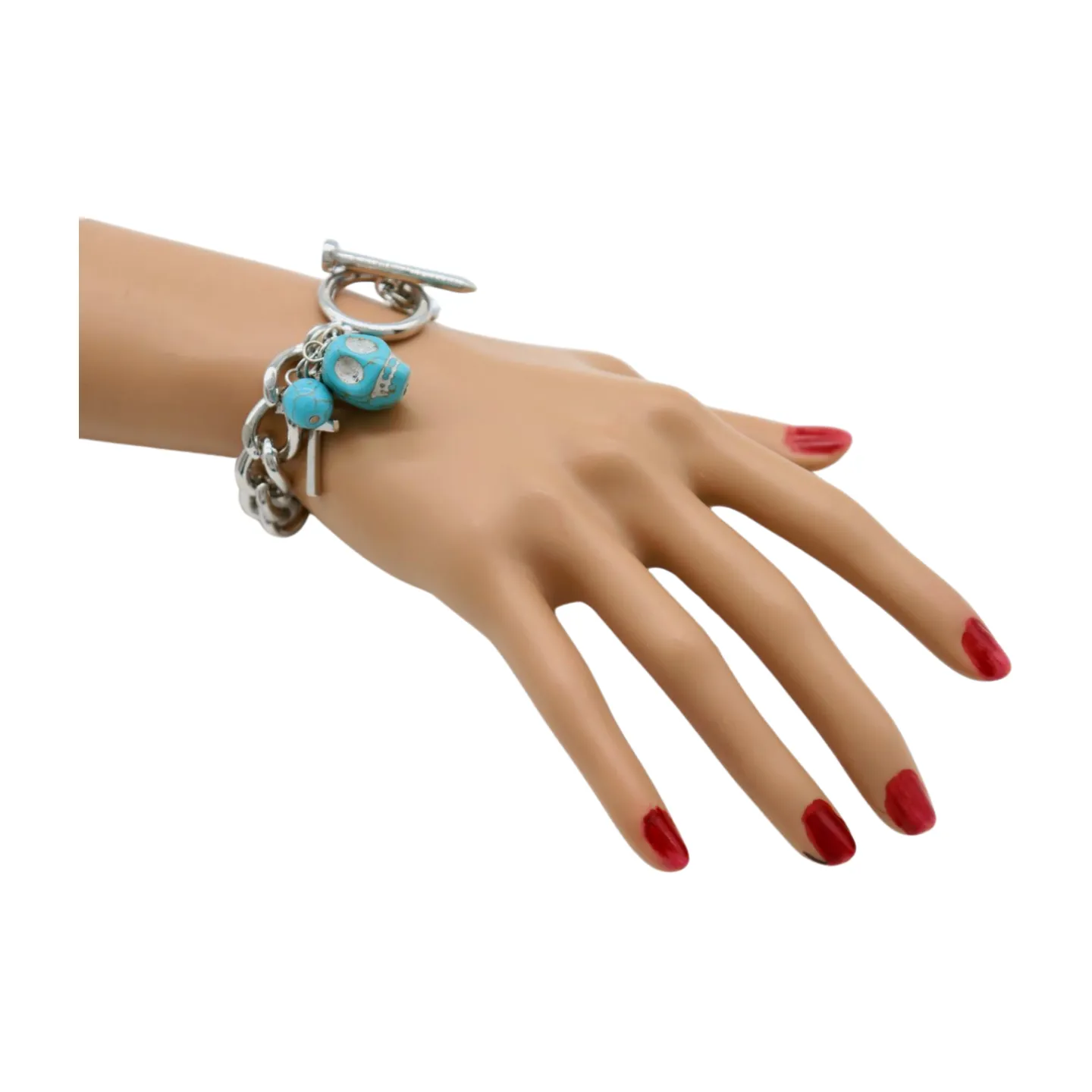 New Women Fashion Jewelry Silver Metal Chain Cross Bracelet Turquoise Skull Charm