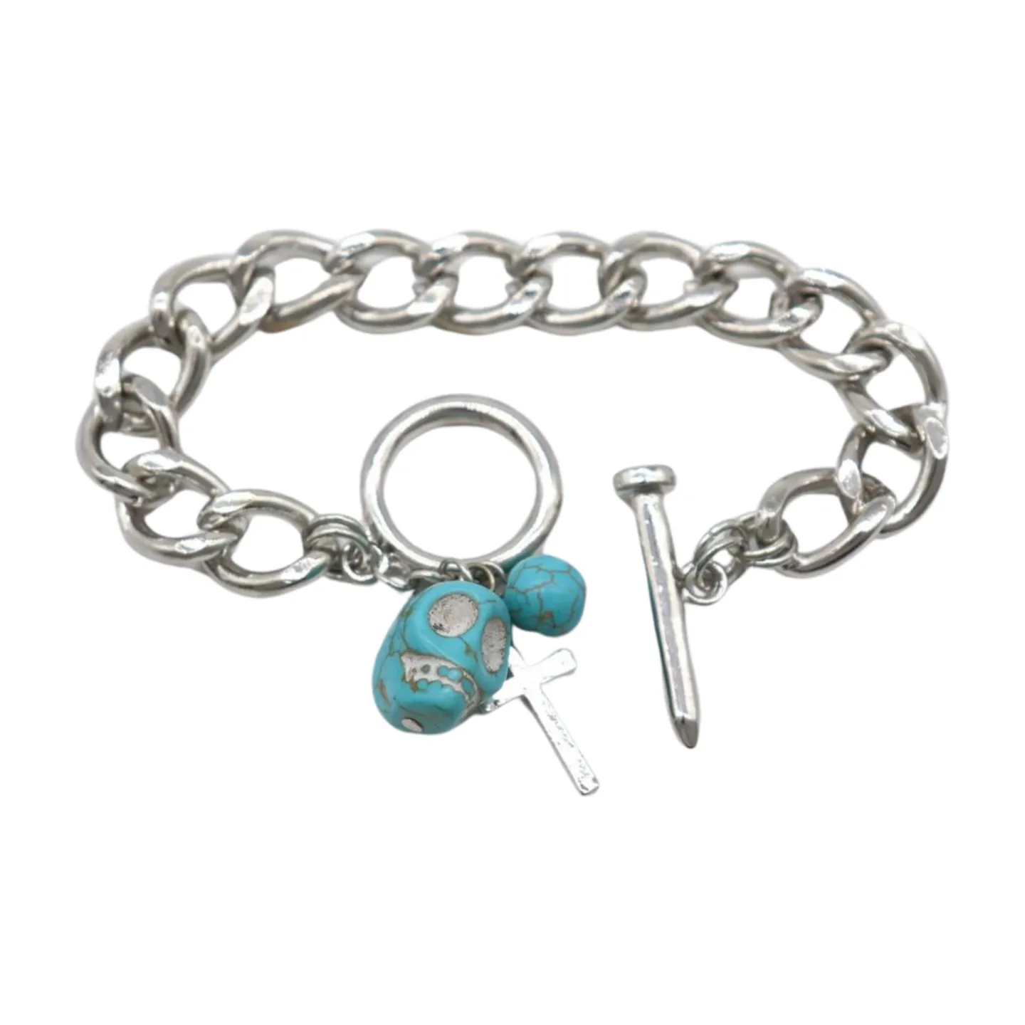 New Women Fashion Jewelry Silver Metal Chain Cross Bracelet Turquoise Skull Charm