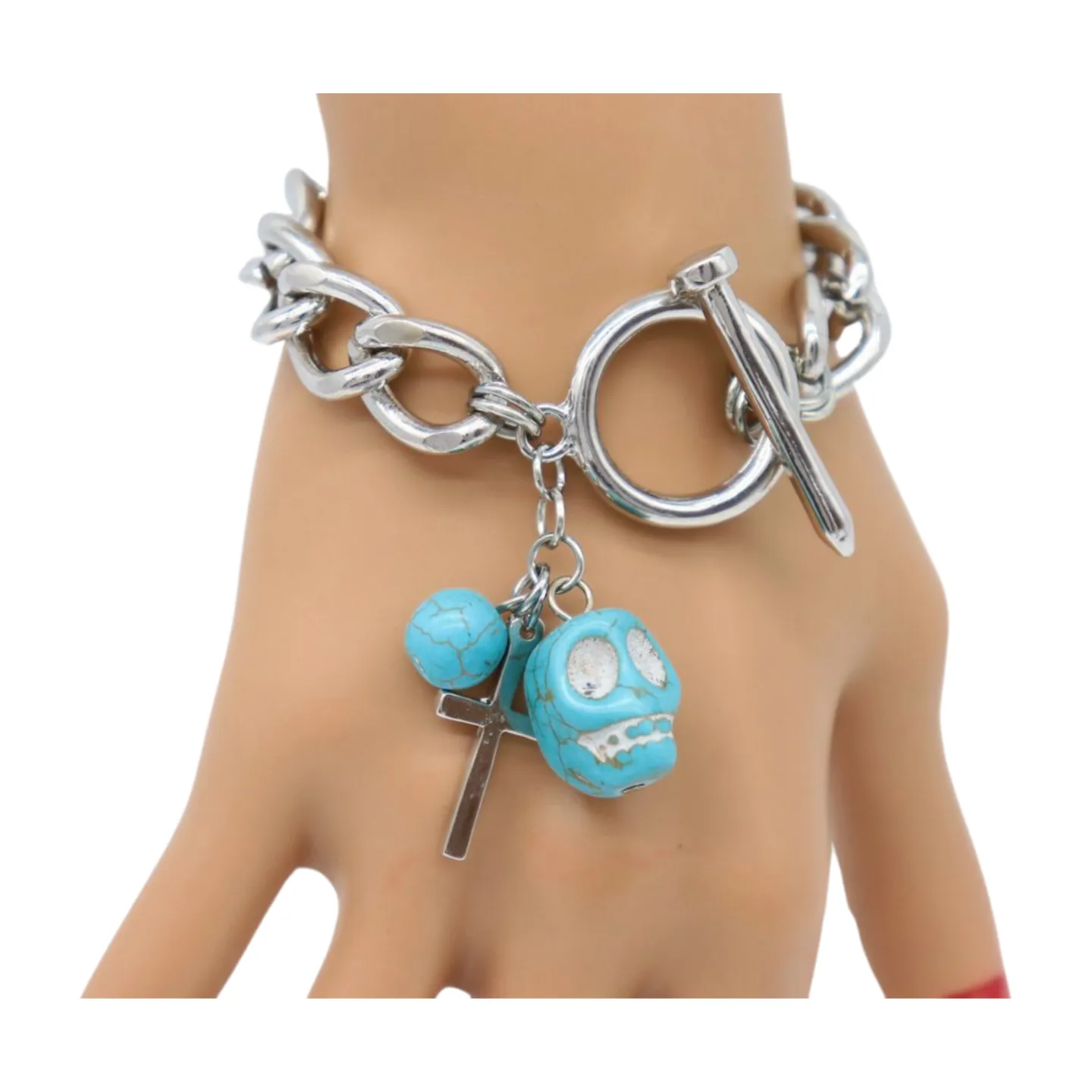 New Women Fashion Jewelry Silver Metal Chain Cross Bracelet Turquoise Skull Charm