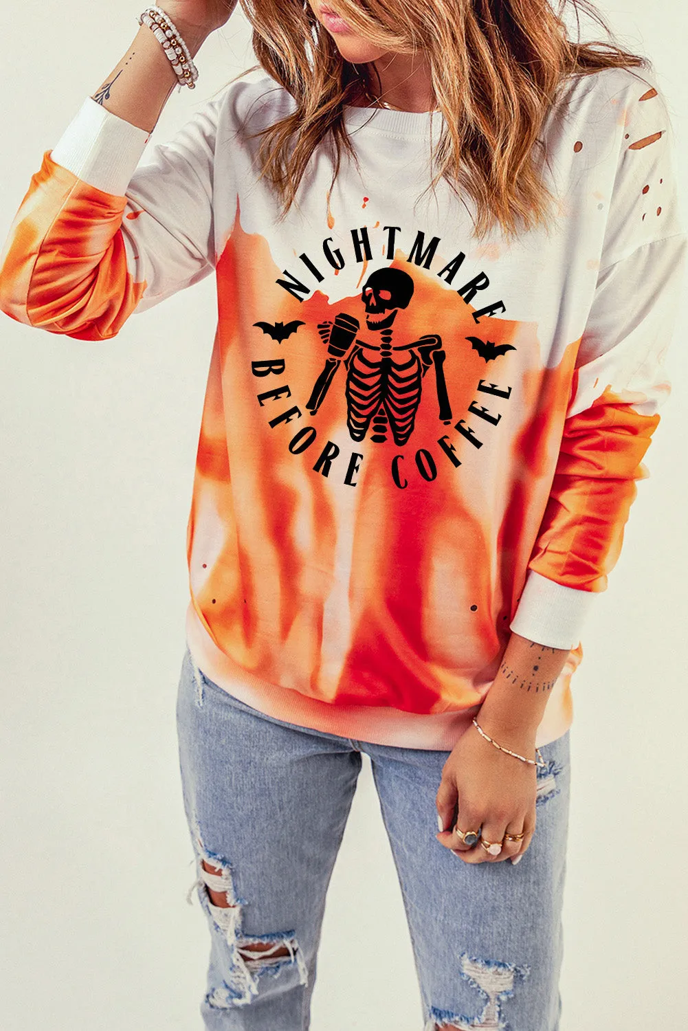 Orange Skeleton Slogan Tie Dye Print Distressed Sweatshirt