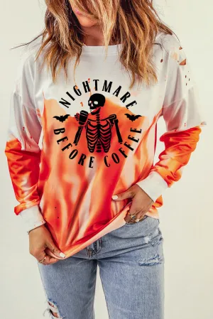 Orange Skeleton Slogan Tie Dye Print Distressed Sweatshirt