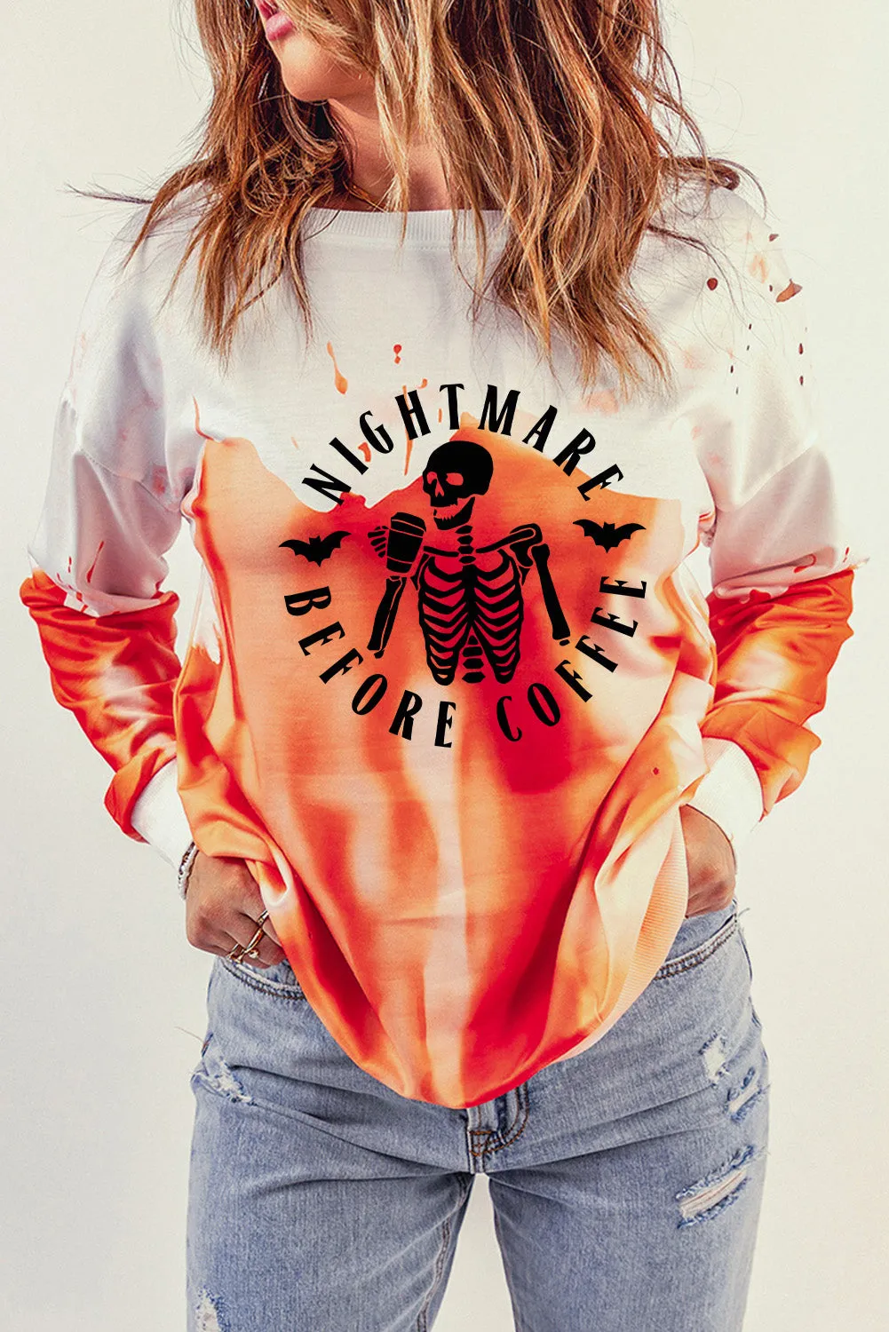 Orange Skeleton Slogan Tie Dye Print Distressed Sweatshirt