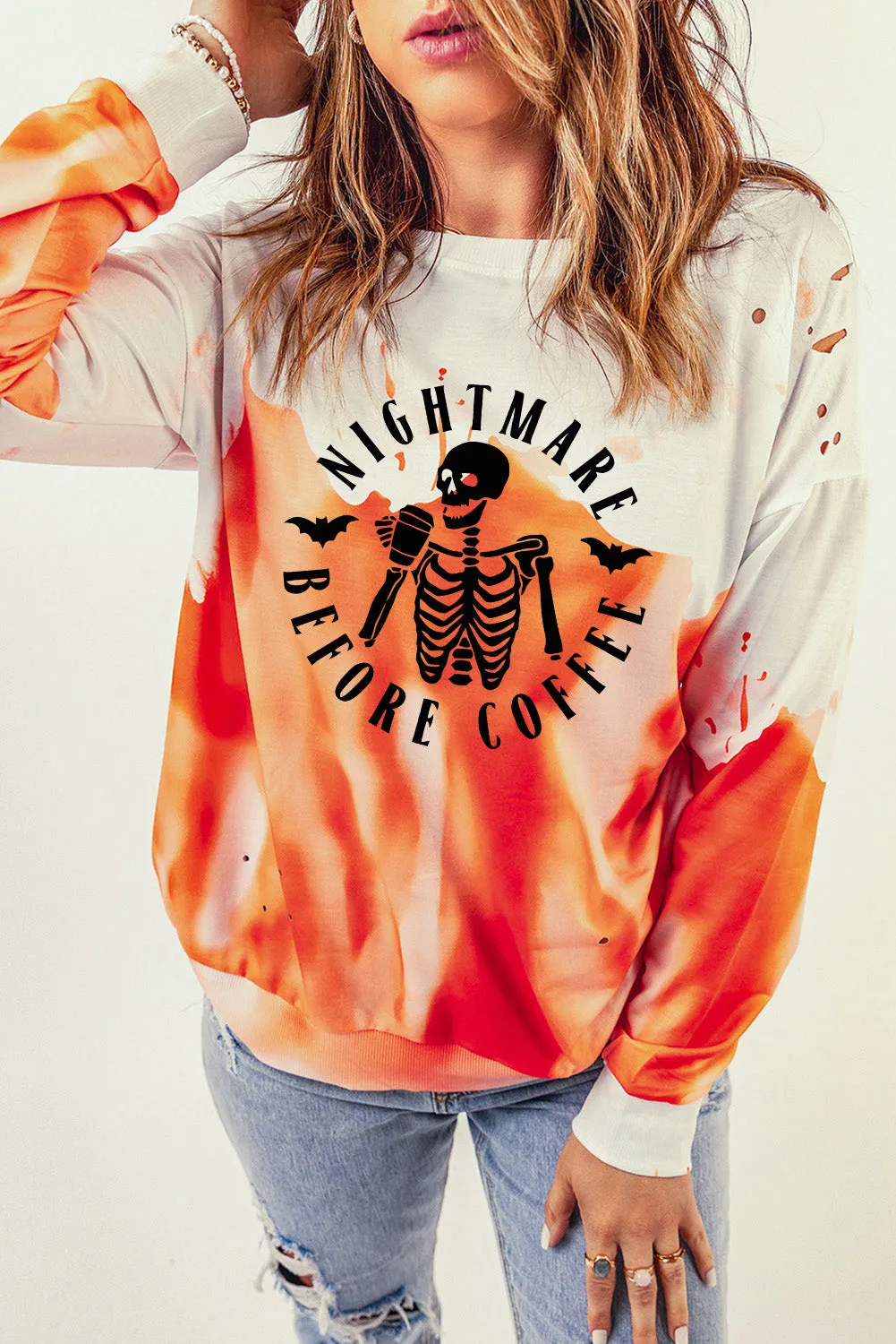 Orange Skeleton Slogan Tie Dye Print Distressed Sweatshirt