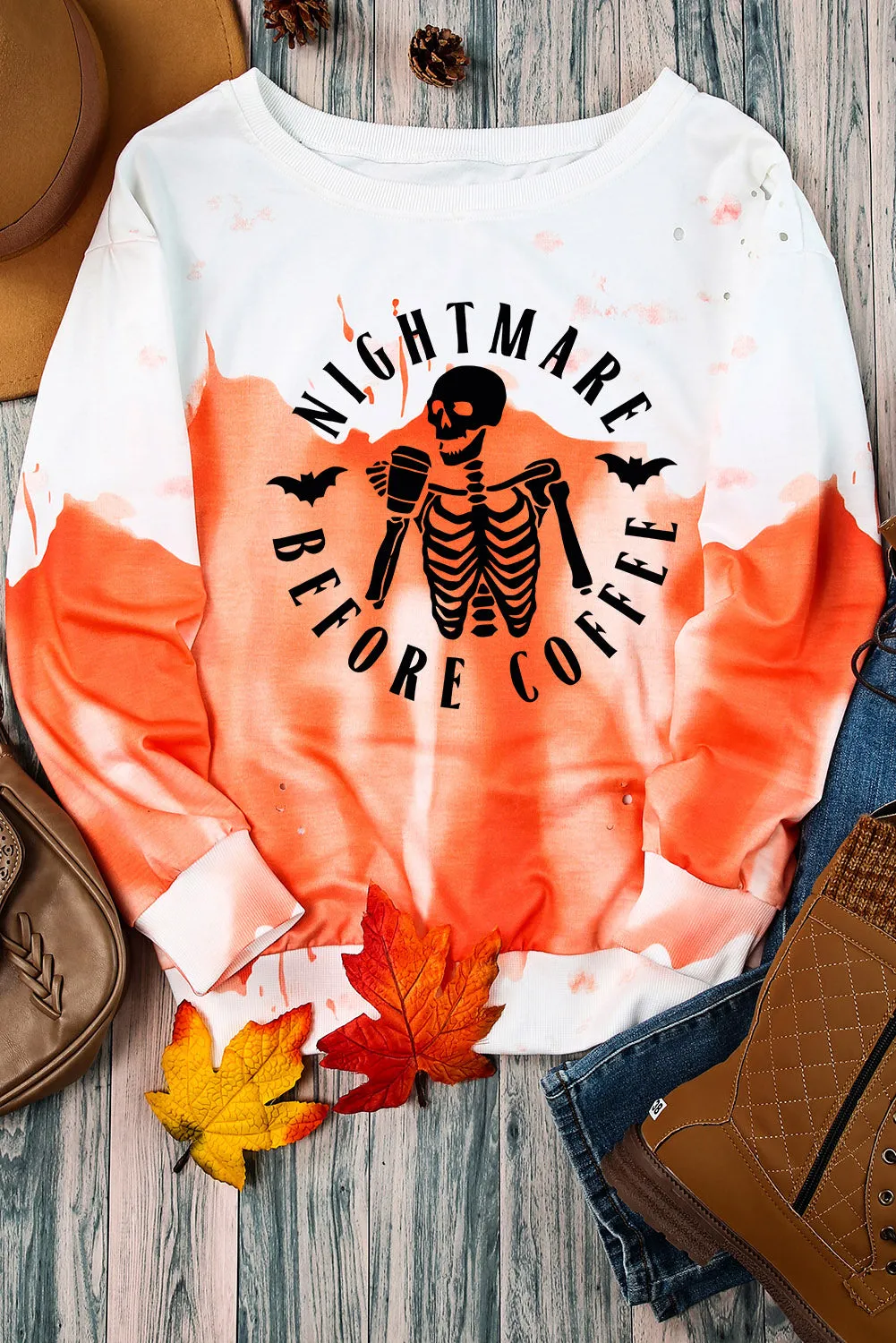 Orange Skeleton Slogan Tie Dye Print Distressed Sweatshirt