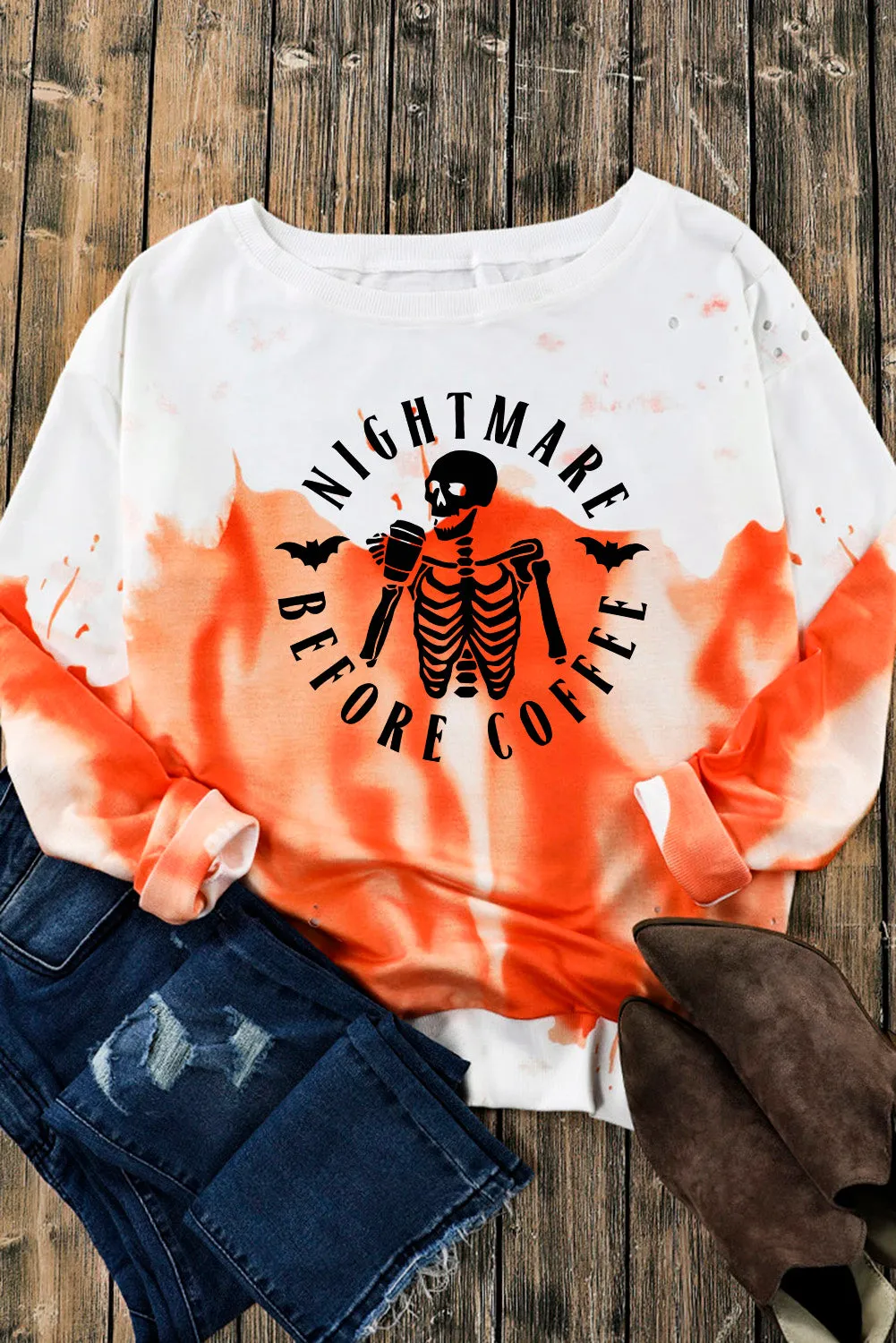 Orange Skeleton Slogan Tie Dye Print Distressed Sweatshirt