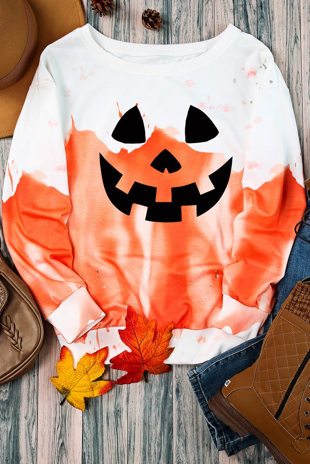Orange Tie Dye Halloween Spooky Face Graphic Sweatshirt