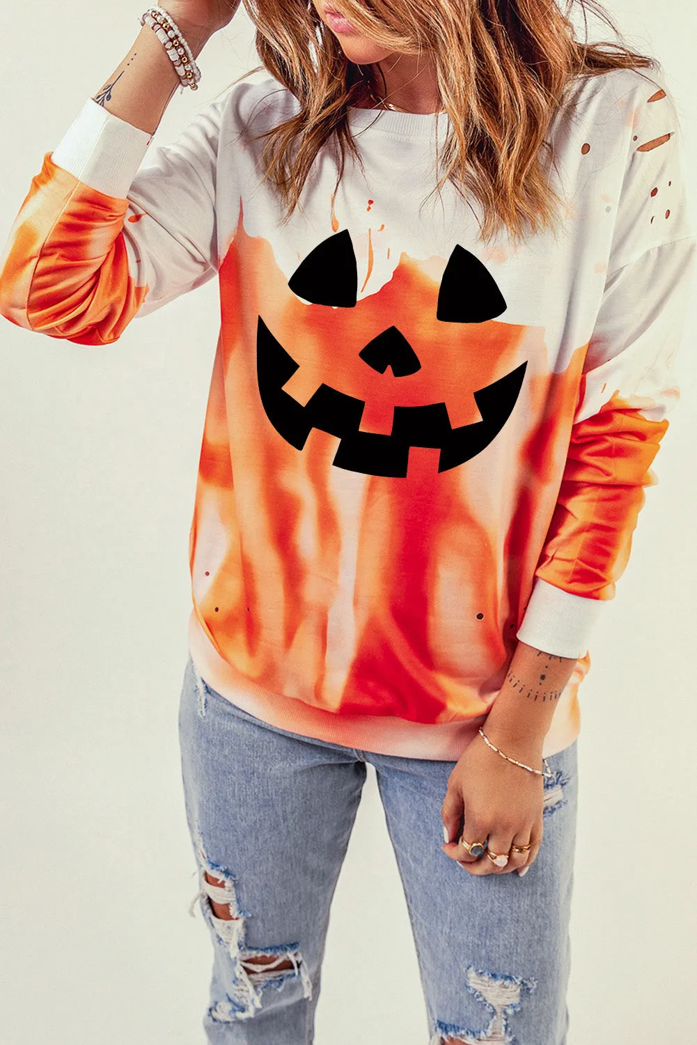 Orange Tie Dye Halloween Spooky Face Graphic Sweatshirt