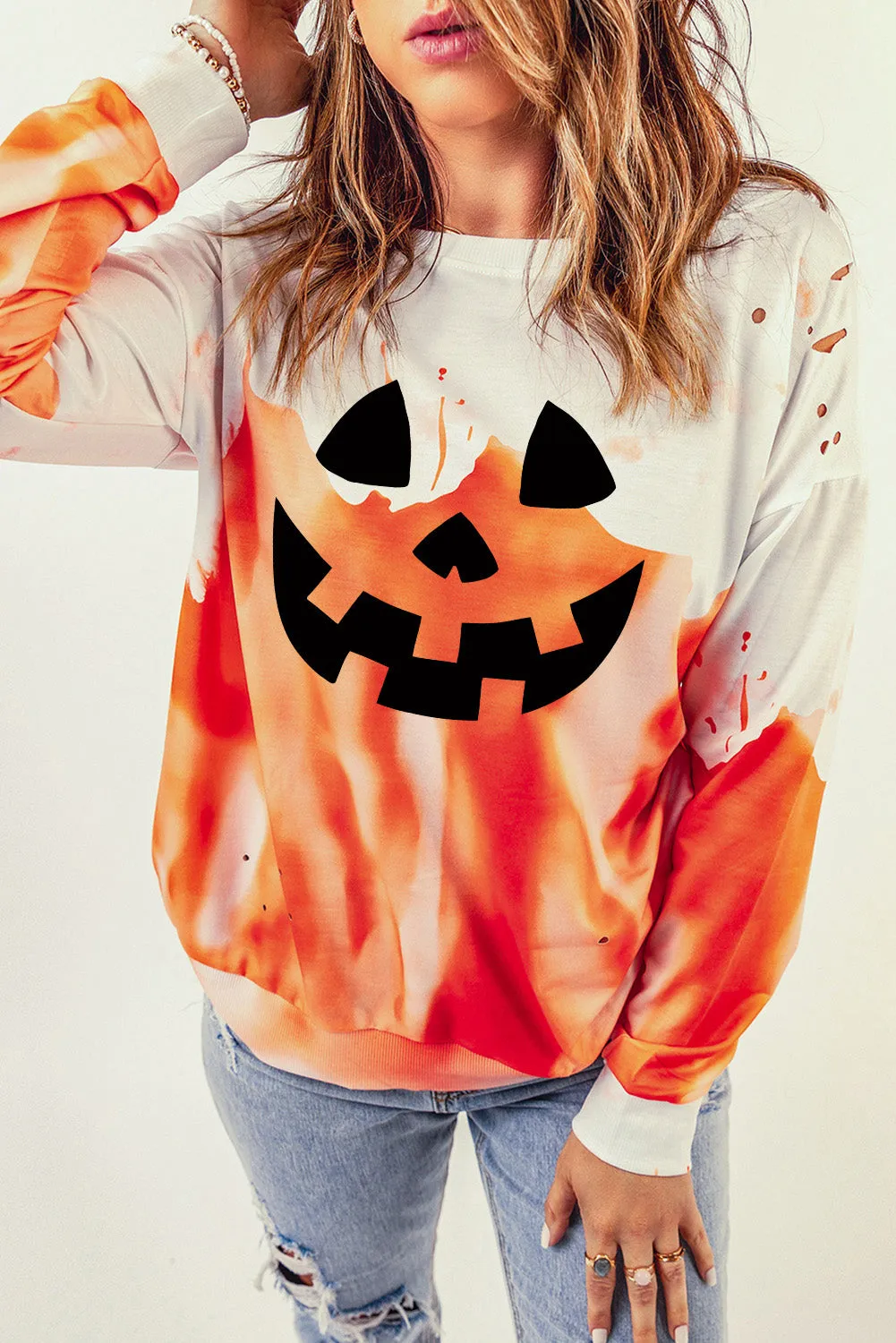 Orange Tie Dye Halloween Spooky Face Graphic Sweatshirt