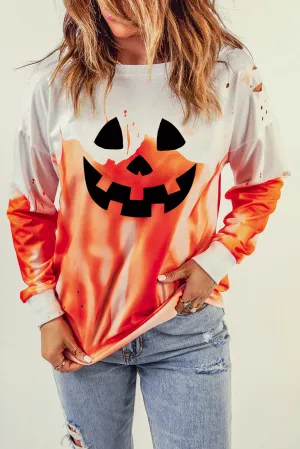 Orange Tie Dye Halloween Spooky Face Graphic Sweatshirt
