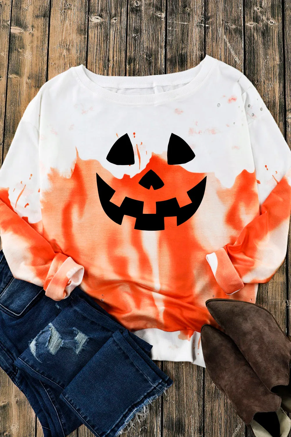 Orange Tie Dye Halloween Spooky Face Graphic Sweatshirt