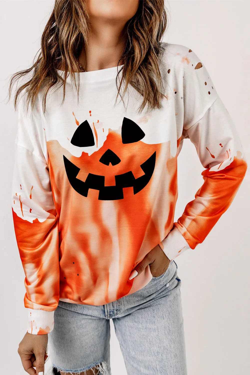 Orange Tie Dye Halloween Spooky Face Graphic Sweatshirt