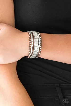 Paparazzi " Rock Star Rocker " Brown LEATHER & White/Clear Rhinestone Snap Bracelet