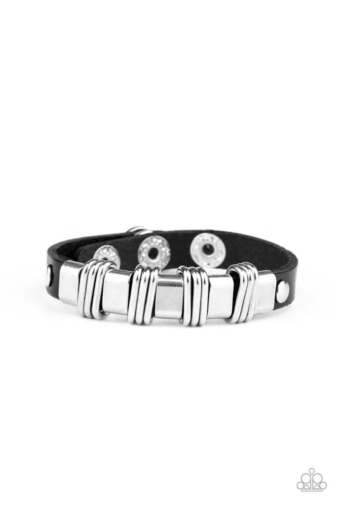 Paparazzi " Rural Explorer " Urban Black LEATHER with Silver Accents Snap Bracelet