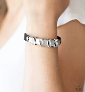Paparazzi " Rural Explorer " Urban Black LEATHER with Silver Accents Snap Bracelet