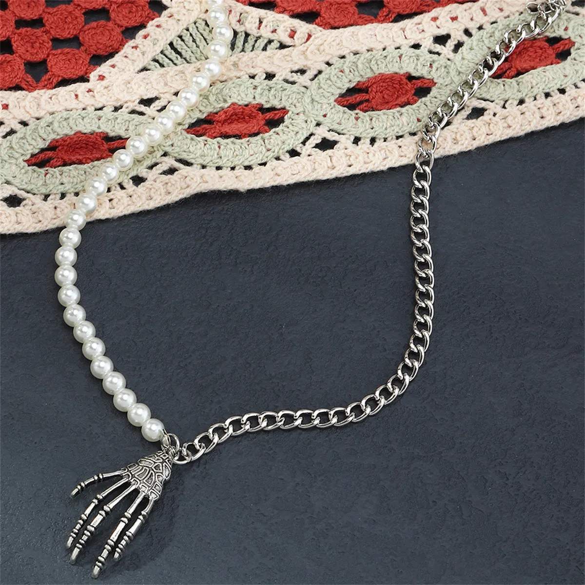 Pearl & Silver-Plated Skeleton Hand Pendant Necklace