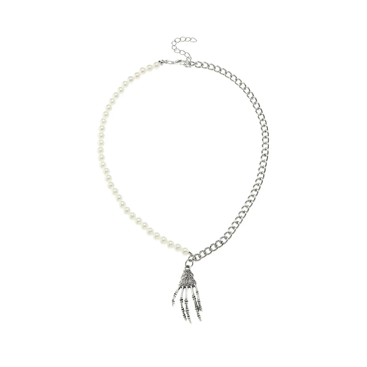 Pearl & Silver-Plated Skeleton Hand Pendant Necklace