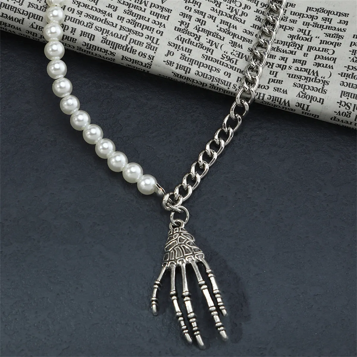 Pearl & Silver-Plated Skeleton Hand Pendant Necklace