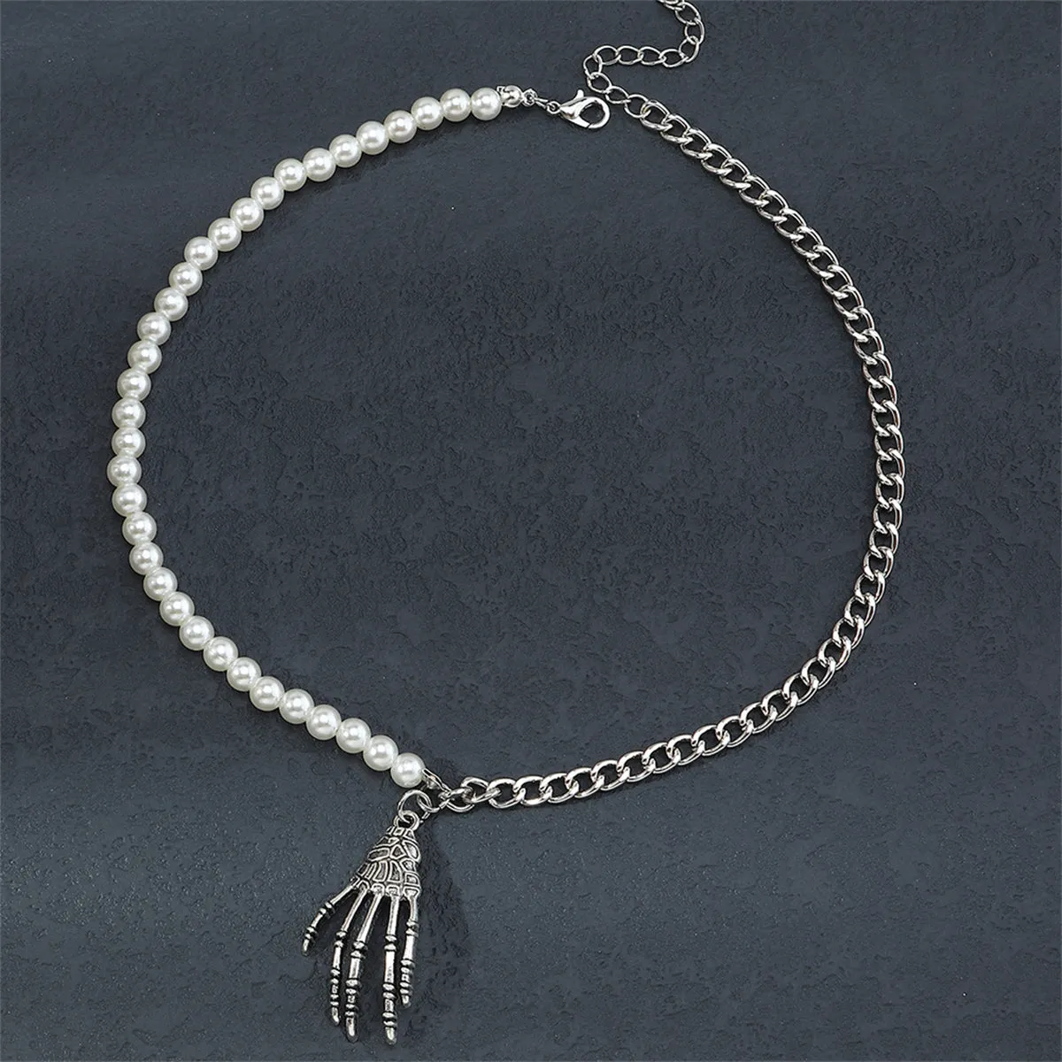Pearl & Silver-Plated Skeleton Hand Pendant Necklace