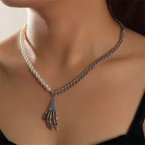 Pearl & Silver-Plated Skeleton Hand Pendant Necklace