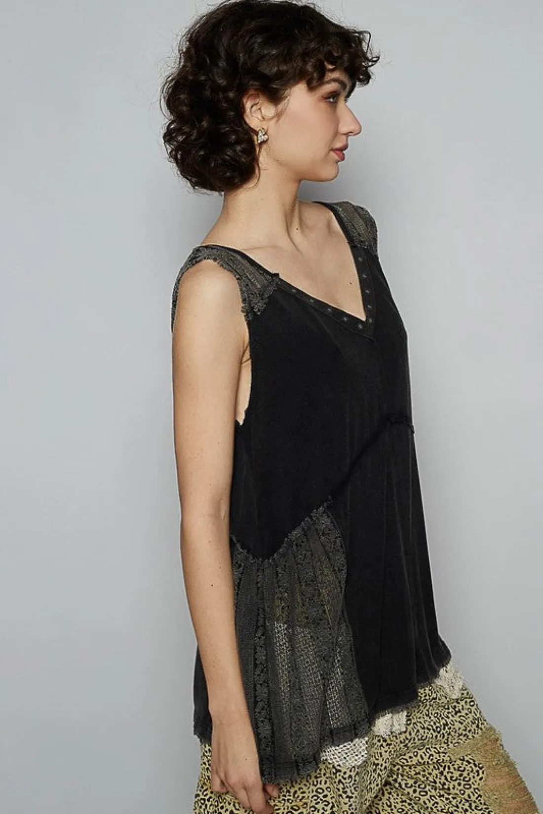 POL Lace Detail Studded Crisscross Back Top